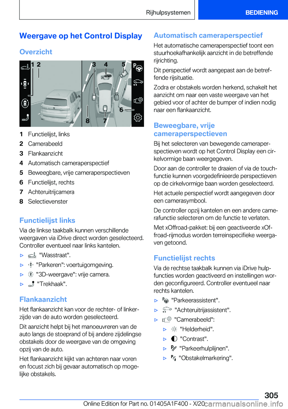 BMW X5 2021  Instructieboekjes (in Dutch) �W�e�e�r�g�a�v�e��o�p��h�e�t��C�o�n�t�r�o�l��D�i�s�p�l�a�y�O�v�e�r�z�i�c�h�t�1�F�u�n�c�t�i�e�l�i�j�s�t�,��l�i�n�k�s�2�C�a�m�e�r�a�b�e�e�l�d�3�F�l�a�n�k�a�a�n�z�i�c�h�t�4�A�u�t�o�m�a�t�i�s�c�h��c