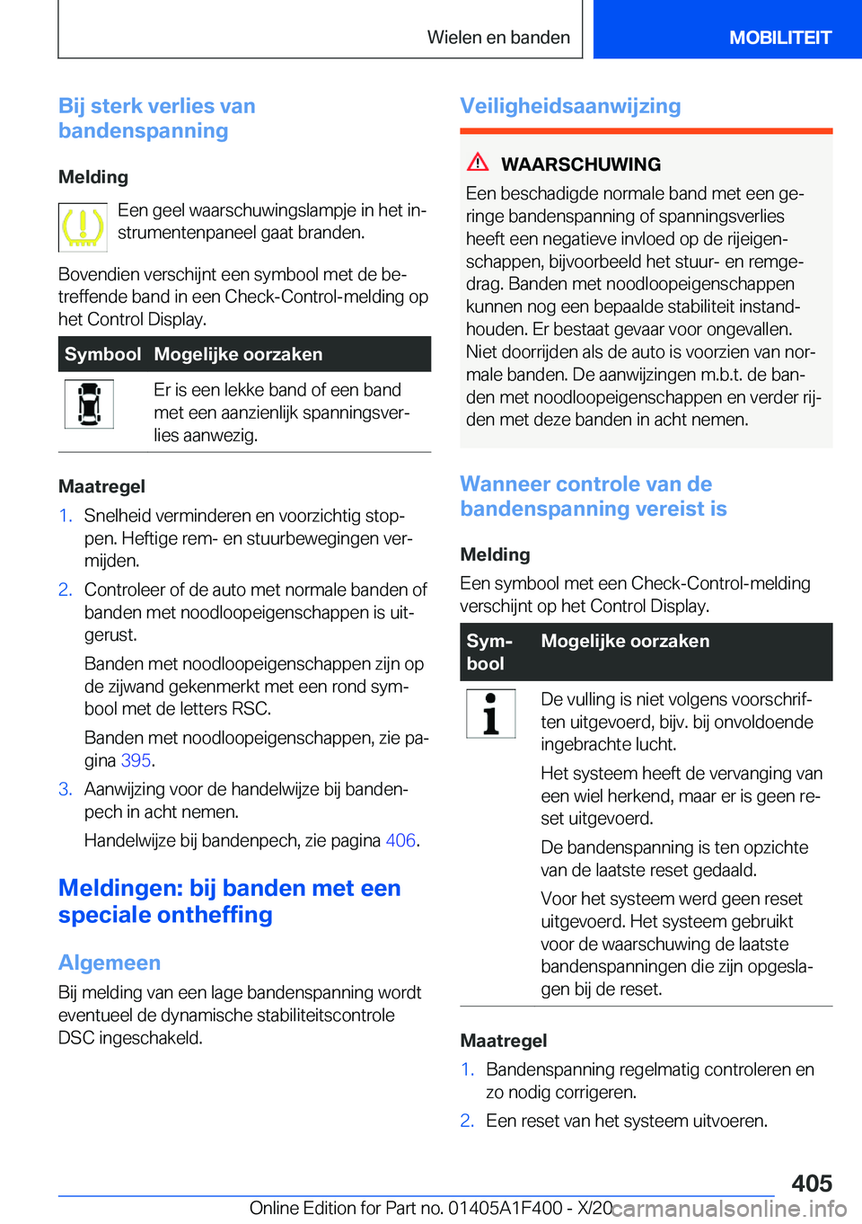 BMW X5 2021  Instructieboekjes (in Dutch) �B�i�j��s�t�e�r�k��v�e�r�l�i�e�s��v�a�n
�b�a�n�d�e�n�s�p�a�n�n�i�n�g
�M�e�l�d�i�n�g �E�e�n��g�e�e�l��w�a�a�r�s�c�h�u�w�i�n�g�s�l�a�m�p�j�e��i�n��h�e�t��i�nj
�s�t�r�u�m�e�n�t�e�n�p�a�n�e�e�l�