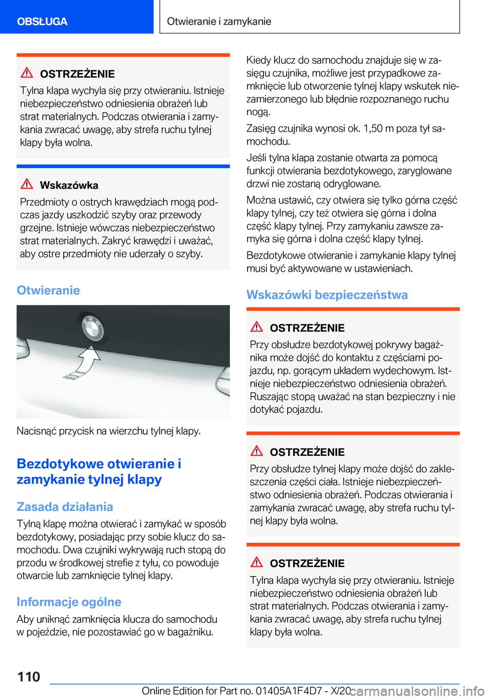 BMW X5 2021  Instrukcja obsługi (in Polish) �O�S�T�R�Z�E8�E�N�I�E
�T�y�l�n�a��k�l�a�p�a��w�y�c�h�y�l�a��s�i�