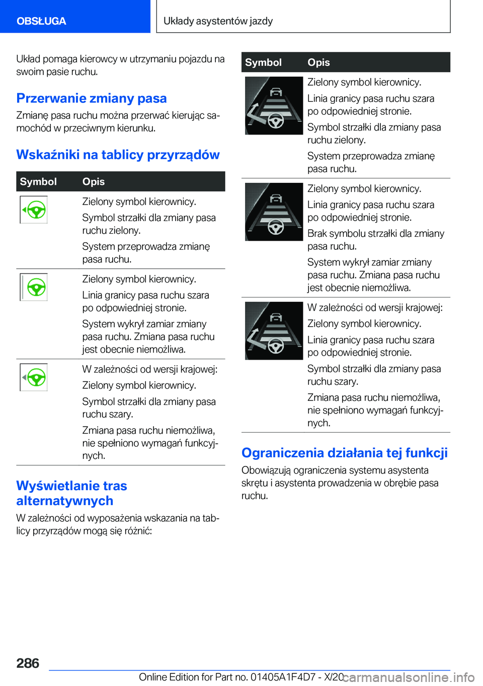 BMW X5 2021  Instrukcja obsługi (in Polish) �U�k�ł�a�d��p�o�m�a�g�a��k�i�e�r�o�w�c�y��w��u�t�r�z�y�m�a�n�i�u��p�o�j�a�z�d�u��n�a
�s�w�o�i�m��p�a�s�i�e��r�u�c�h�u�.
�P�r�z�e�r�w�a�n�i�e��z�m�i�a�n�y��p�a�s�a
�Z�m�i�a�n�