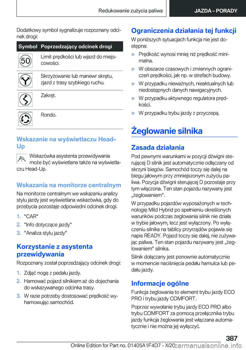 BMW X5 2021  Instrukcja obsługi (in Polish) �D�o�d�a�t�k�o�w�y��s�y�m�b�o�l��s�y�g�n�a�l�i�z�u�j�e��r�o�z�p�o�z�n�a�n�y��o�d�c�ij�n�e�k��d�r�o�g�i�:�S�y�m�b�o�l�P�o�p�r�z�e�d�z�a�j�ą�c�y��o�d�c�i�n�e�k��d�r�o�g�i�L�i�m�i�t��p�r�