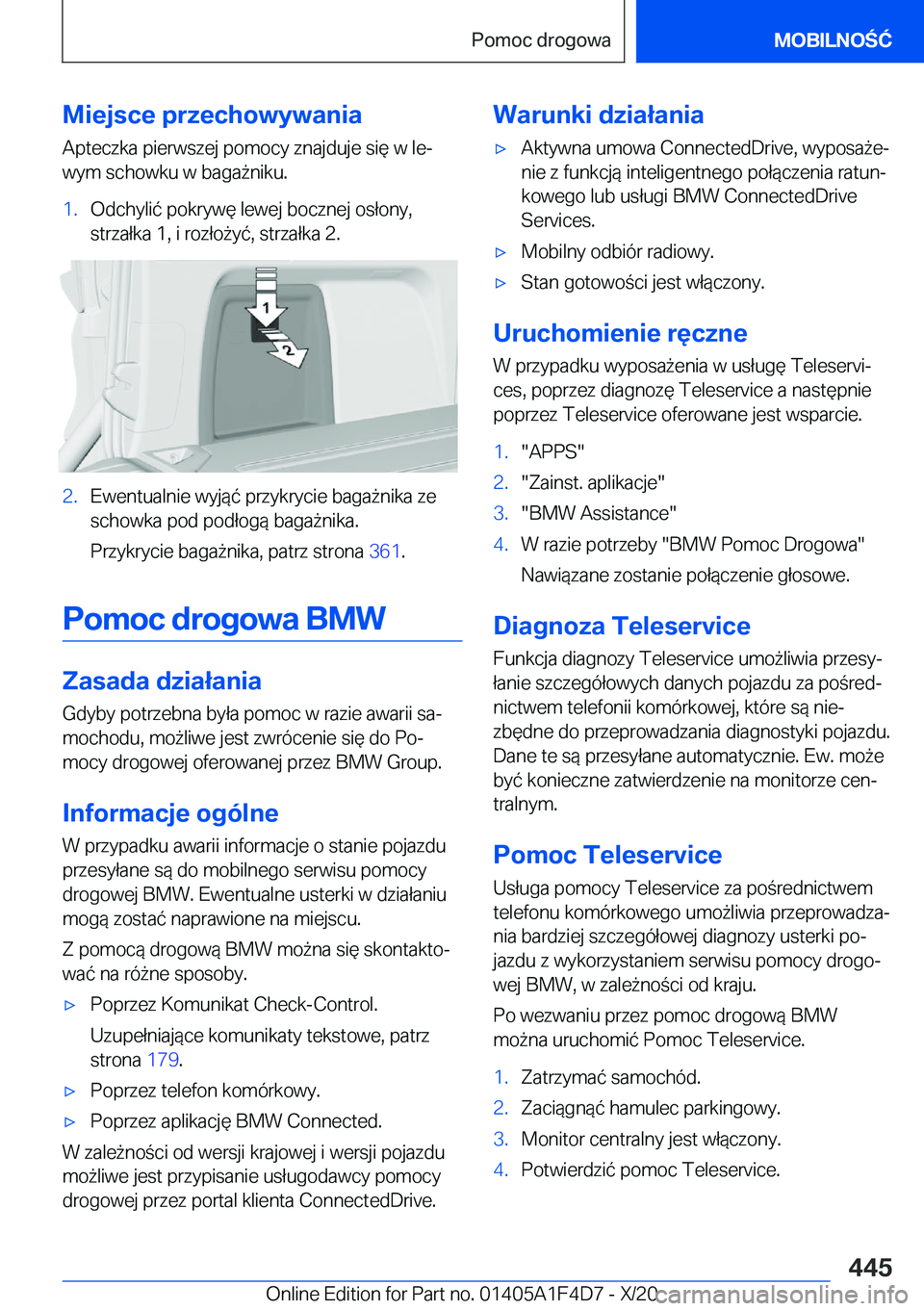 BMW X5 2021  Instrukcja obsługi (in Polish) �M�i�e�j�s�c�e��p�r�z�e�c�h�o�w�y�w�a�n�i�a
�A�p�t�e�c�z�k�a��p�i�e�r�w�s�z�e�j��p�o�m�o�c�y��z�n�a�j�d�u�j�e��s�i�