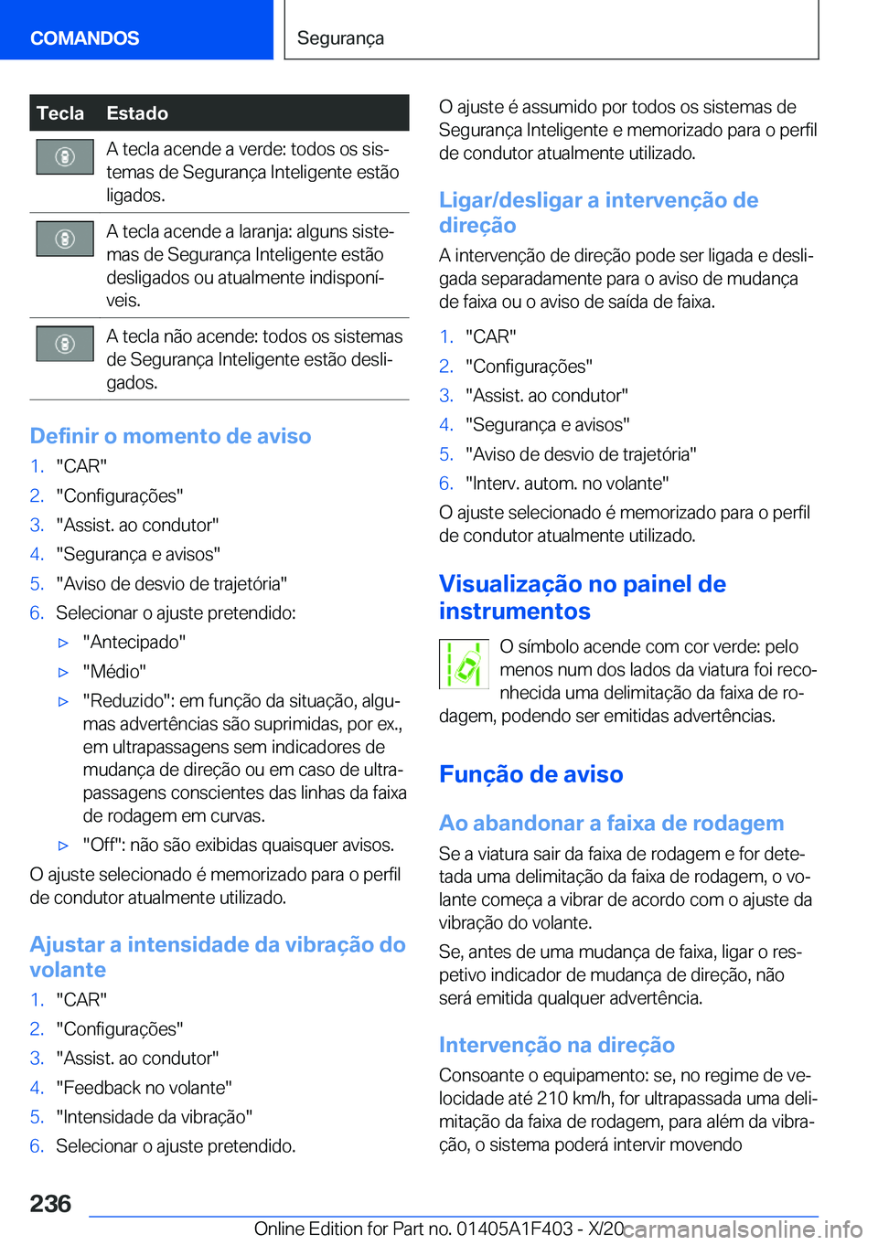 BMW X5 2021  Manual do condutor (in Portuguese) �T�e�c�l�a�E�s�t�a�d�o�A��t�e�c�l�a��a�c�e�n�d�e��a��v�e�r�d�e�:��t�o�d�o�s��o�s��s�i�sª
�t�e�m�a�s��d�e��S�e�g�u�r�a�n�