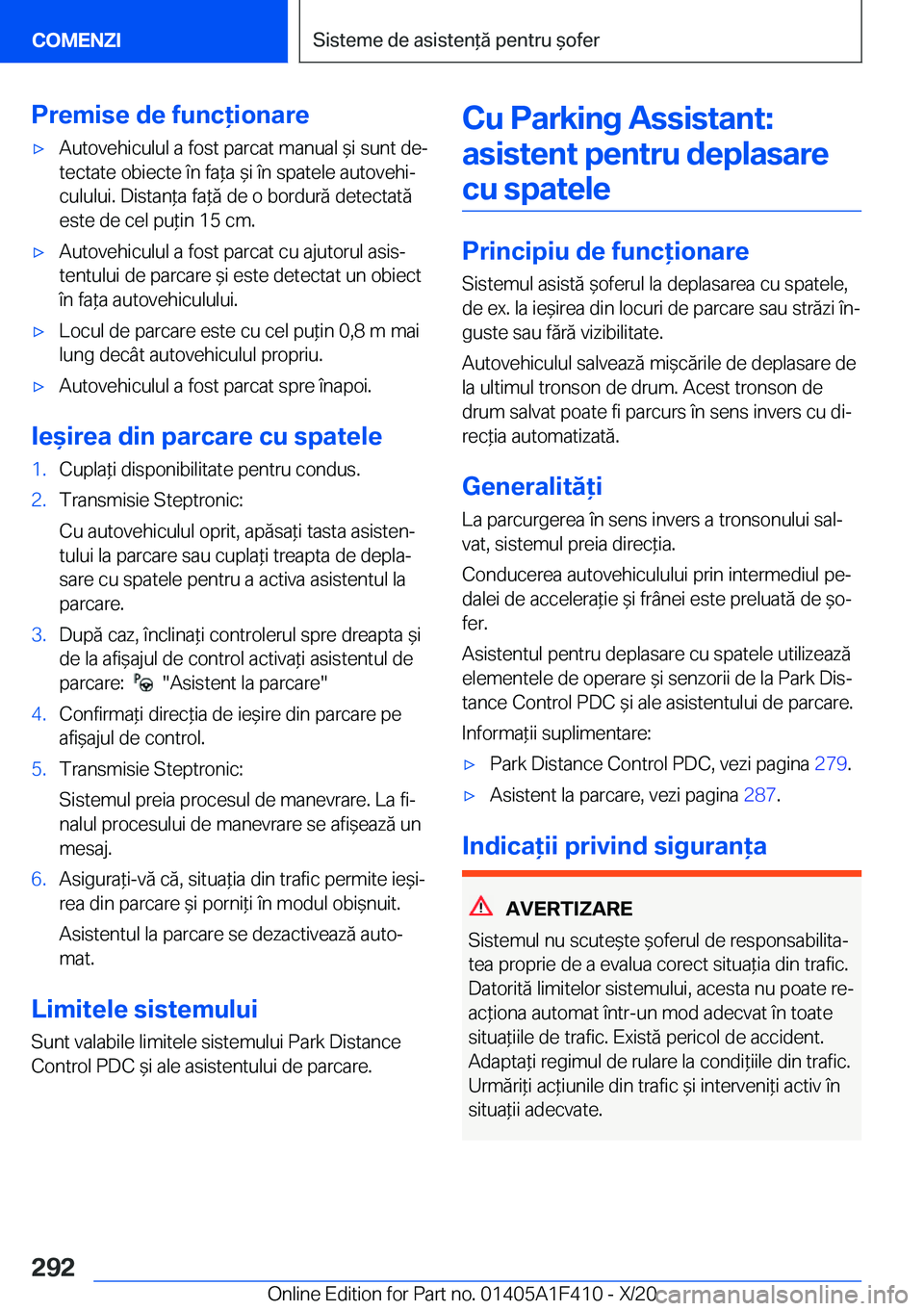 BMW X5 2021  Ghiduri De Utilizare (in Romanian) �P�r�e�m�i�s�e��d�e��f�u�n�c�i�o�n�a�r�e'x�A�u�t�o�v�e�h�i�c�u�l�u�l��a��f�o�s�t��p�a�r�c�a�t��m�a�n�u�a�l�&�i��s�u�n�t��d�ej
�t�e�c�t�a�t�e��o�b�i�e�c�t�e��