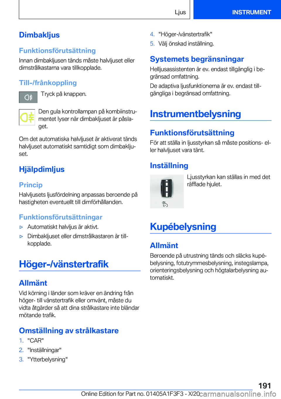 BMW X5 2021  InstruktionsbÖcker (in Swedish) �D�i�m�b�a�k�l�j�u�s�F�u�n�k�t�i�o�n�s�f�