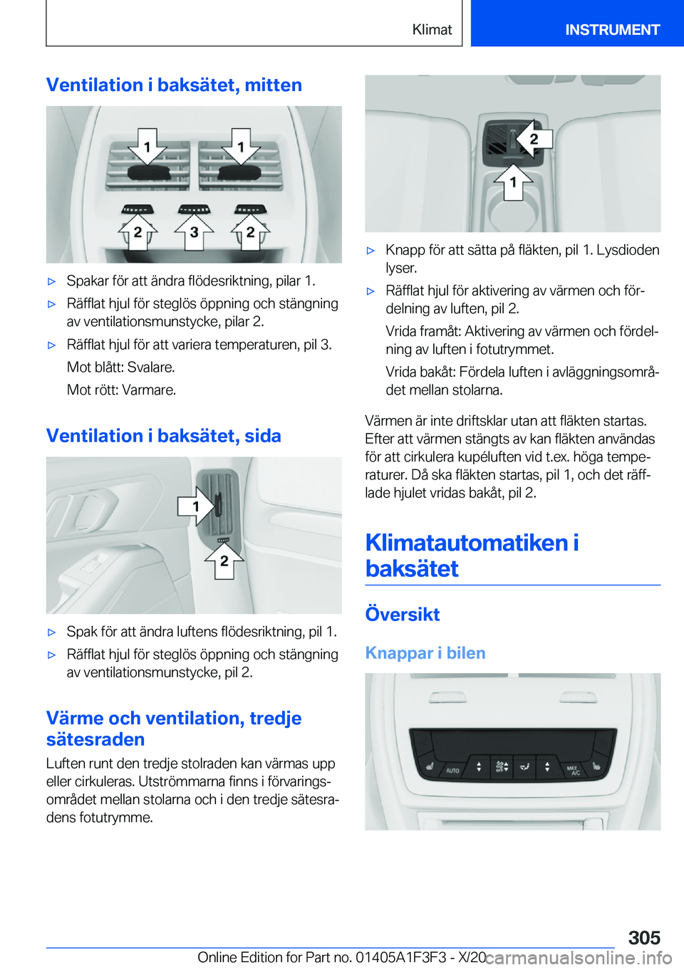 BMW X5 2021  InstruktionsbÖcker (in Swedish) �V�e�n�t�i�l�a�t�i�o�n��i��b�a�k�s�ä�t�e�t�,��m�i�t�t�e�n'x�S�p�a�k�a�r��f�