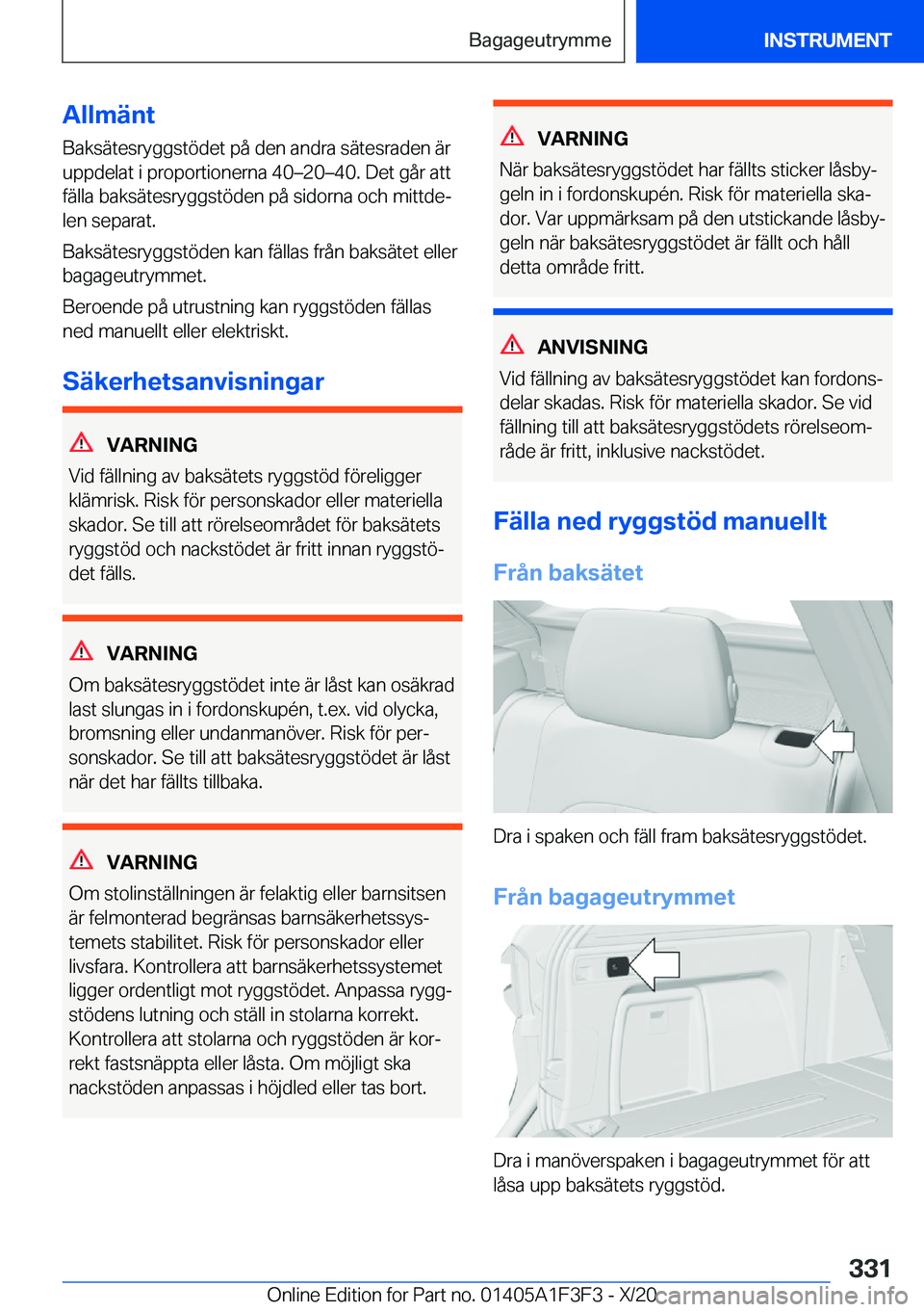 BMW X5 2021  InstruktionsbÖcker (in Swedish) �A�l�l�m�ä�n�t
�B�a�k�s�ä�t�e�s�r�y�g�g�s�t�
