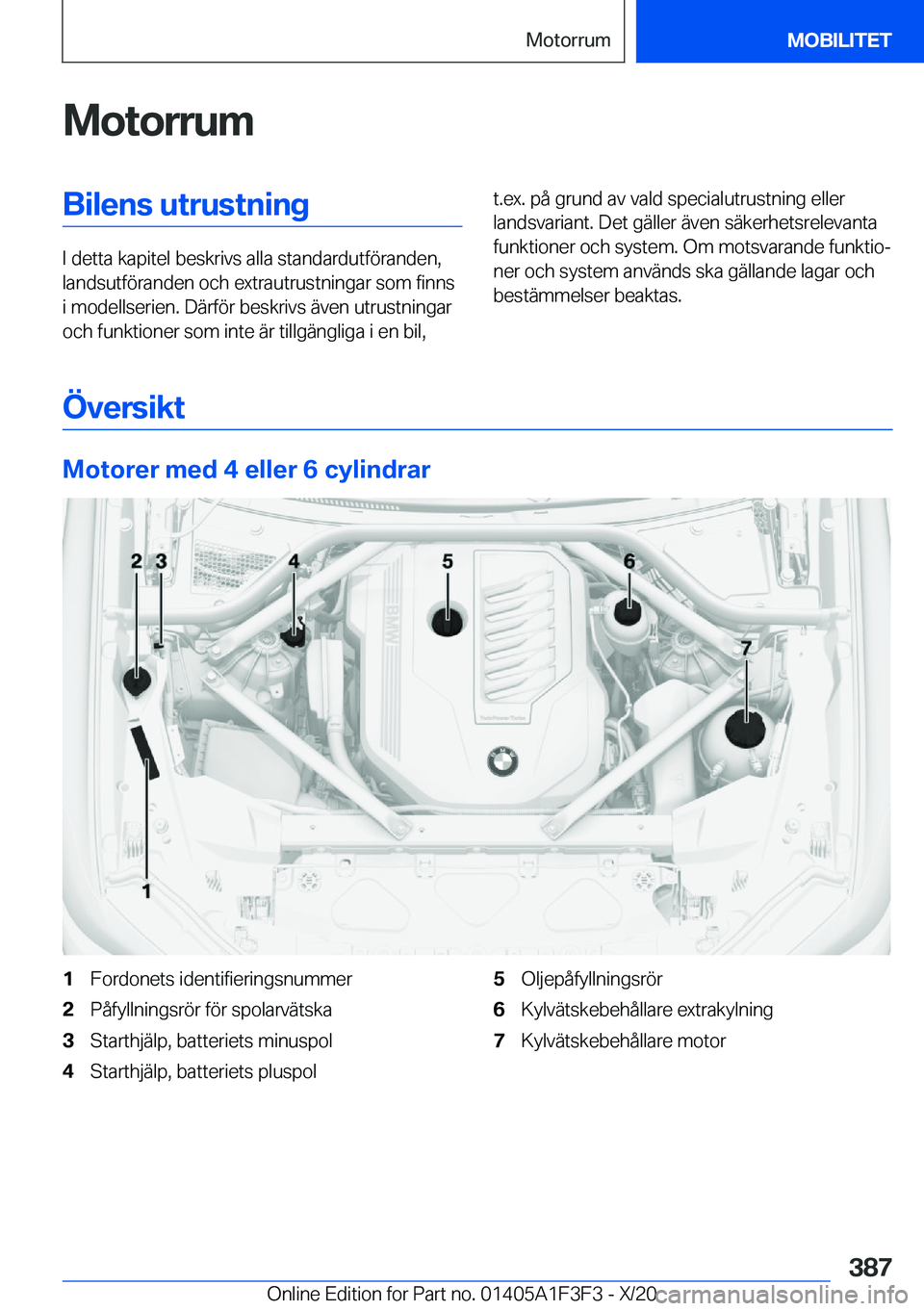 BMW X5 2021  InstruktionsbÖcker (in Swedish) �M�o�t�o�r�r�u�m�B�i�l�e�n�s��u�t�r�u�s�t�n�i�n�g
�I��d�e�t�t�a��k�a�p�i�t�e�l��b�e�s�k�r�i�v�s��a�l�l�a��s�t�a�n�d�a�r�d�u�t�f�