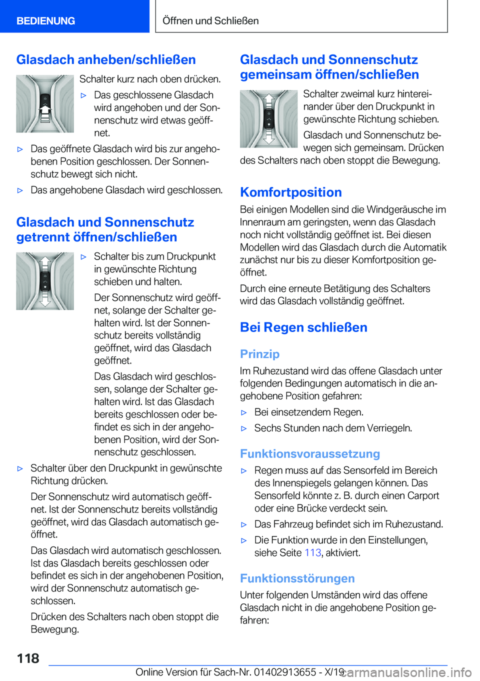 BMW X5 2020  Betriebsanleitungen (in German) �G�l�a�s�d�a�c�h��a�n�h�e�b�e�n�/�s�c�h�l�i�e�