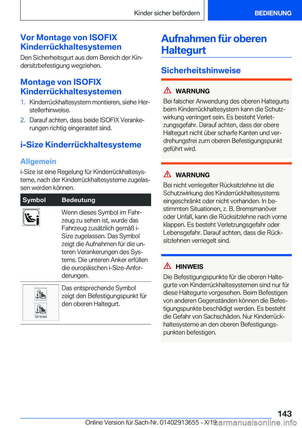 BMW X5 2020  Betriebsanleitungen (in German) �V�o�r��M�o�n�t�a�g�e��v�o�n��I�S�O�F�I�X
�K�i�n�d�e�r�r�