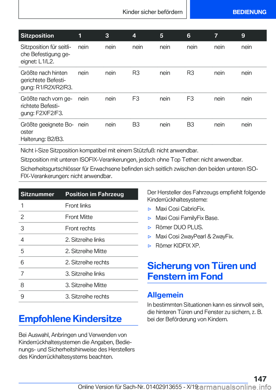 BMW X5 2020  Betriebsanleitungen (in German) �S�i�t�z�p�o�s�i�t�i�o�n�1�3�4�5�6�7�9�S�i�t�z�p�o�s�i�t�i�o�n��f�