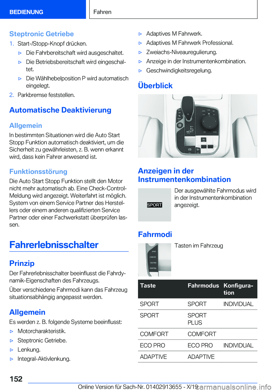 BMW X5 2020  Betriebsanleitungen (in German) �S�t�e�p�t�r�o�n�i�c��G�e�t�r�i�e�b�e�1�.�S�t�a�r�t�-�/�S�t�o�p�p�-�K�n�o�p�f��d�r�