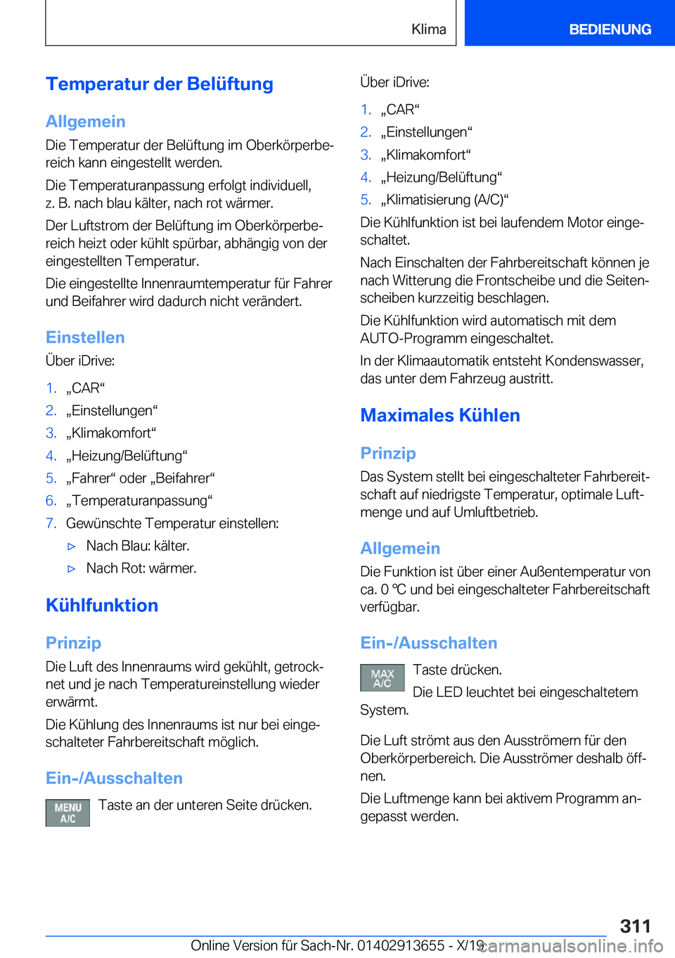 BMW X5 2020  Betriebsanleitungen (in German) �T�e�m�p�e�r�a�t�u�r��d�e�r��B�e�l�