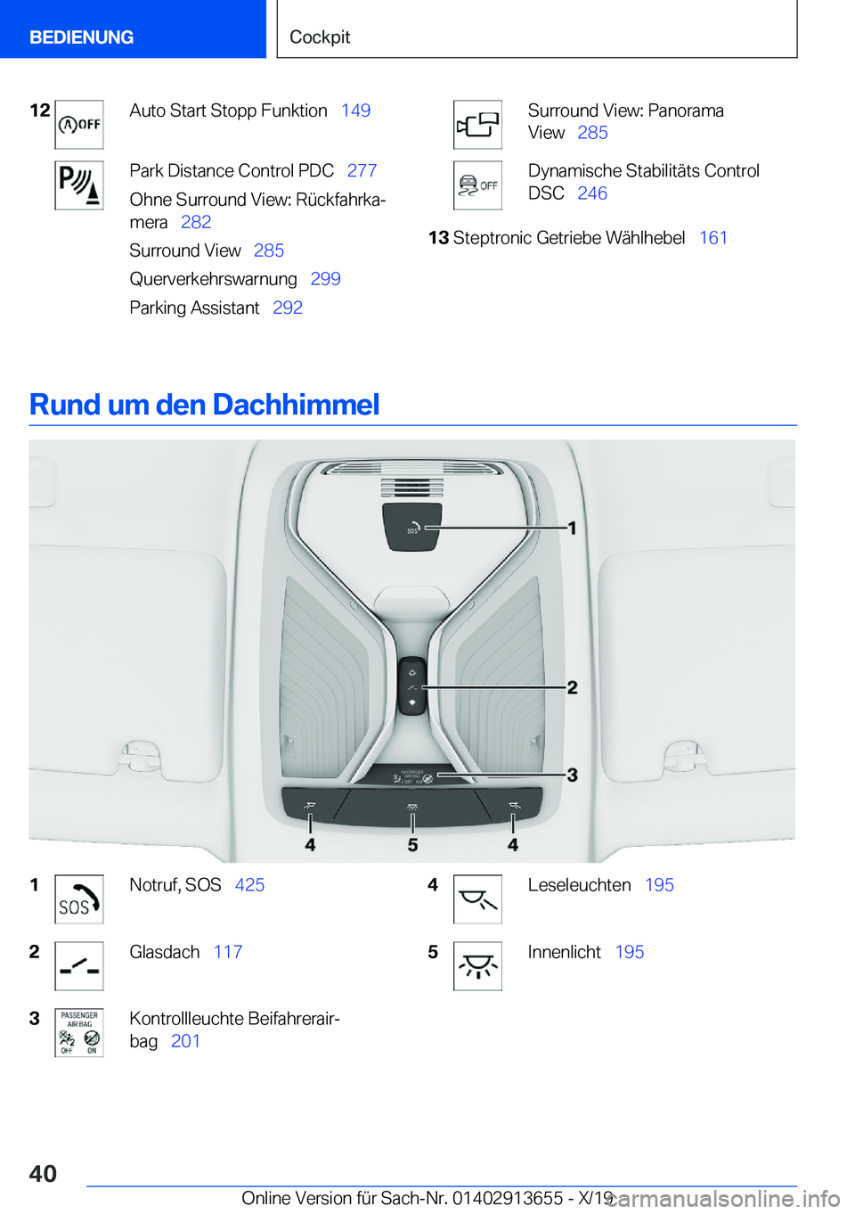 BMW X5 2020  Betriebsanleitungen (in German) �1�2�A�u�t�o��S�t�a�r�t��S�t�o�p�p��F�u�n�k�t�i�o�n\_�1�4�9�P�a�r�k��D�i�s�t�a�n�c�e��C�o�n�t�r�o�l��P�D�C\_ �2�7�7
�O�h�n�e��S�u�r�r�o�u�n�d��V�i�e�w�:��R�