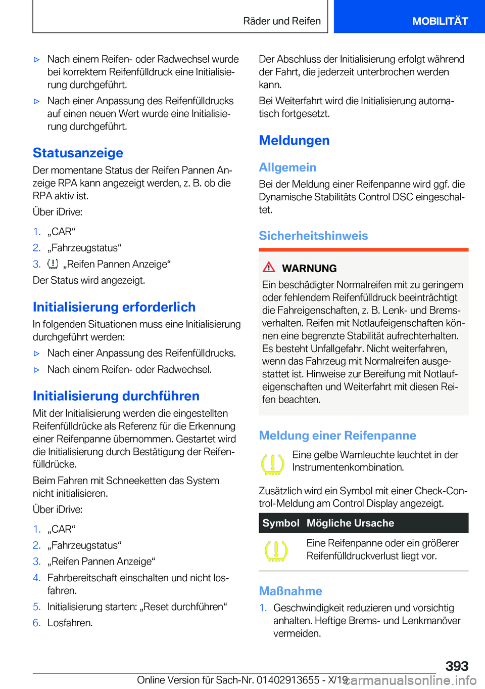 BMW X5 2020  Betriebsanleitungen (in German) x�N�a�c�h��e�i�n�e�m��R�e�i�f�e�n�-��o�d�e�r��R�a�d�w�e�c�h�s�e�l��w�u�r�d�e�b�e�i��k�o�r�r�e�k�t�e�m��R�e�i�f�e�n�f�