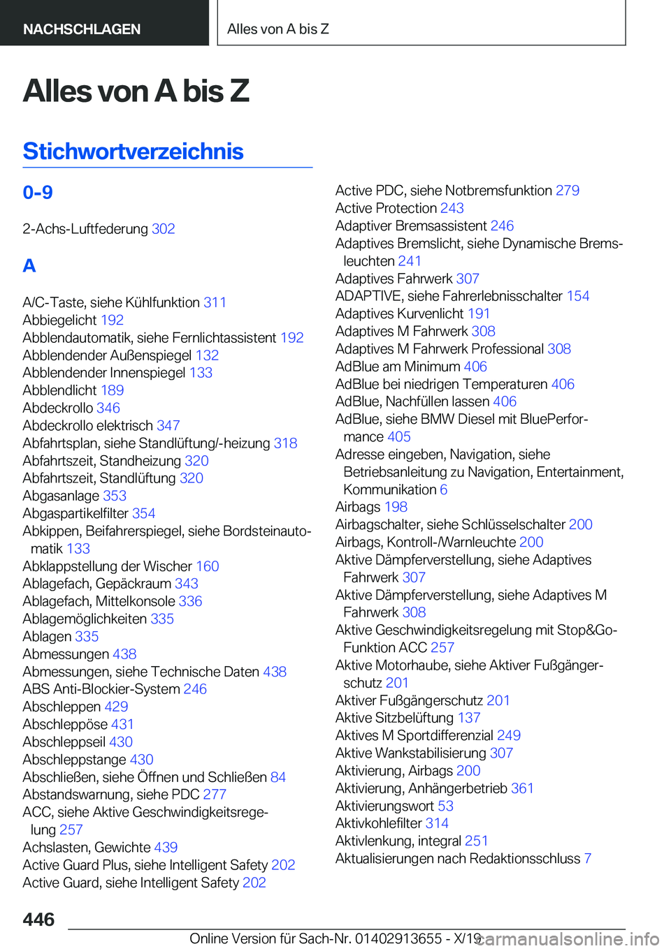 BMW X5 2020  Betriebsanleitungen (in German) �A�l�l�e�s��v�o�n��A��b�i�s��Z
�S�t�i�c�h�w�o�r�t�v�e�r�z�e�i�c�h�n�i�s�0�-�9 �2�-�A�c�h�s�-�L�u�f�t�f�e�d�e�r�u�n�g� �3�0�2�
�A �A�/�C�-�T�a�s�t�e�,��s�i�e�h�e��K�