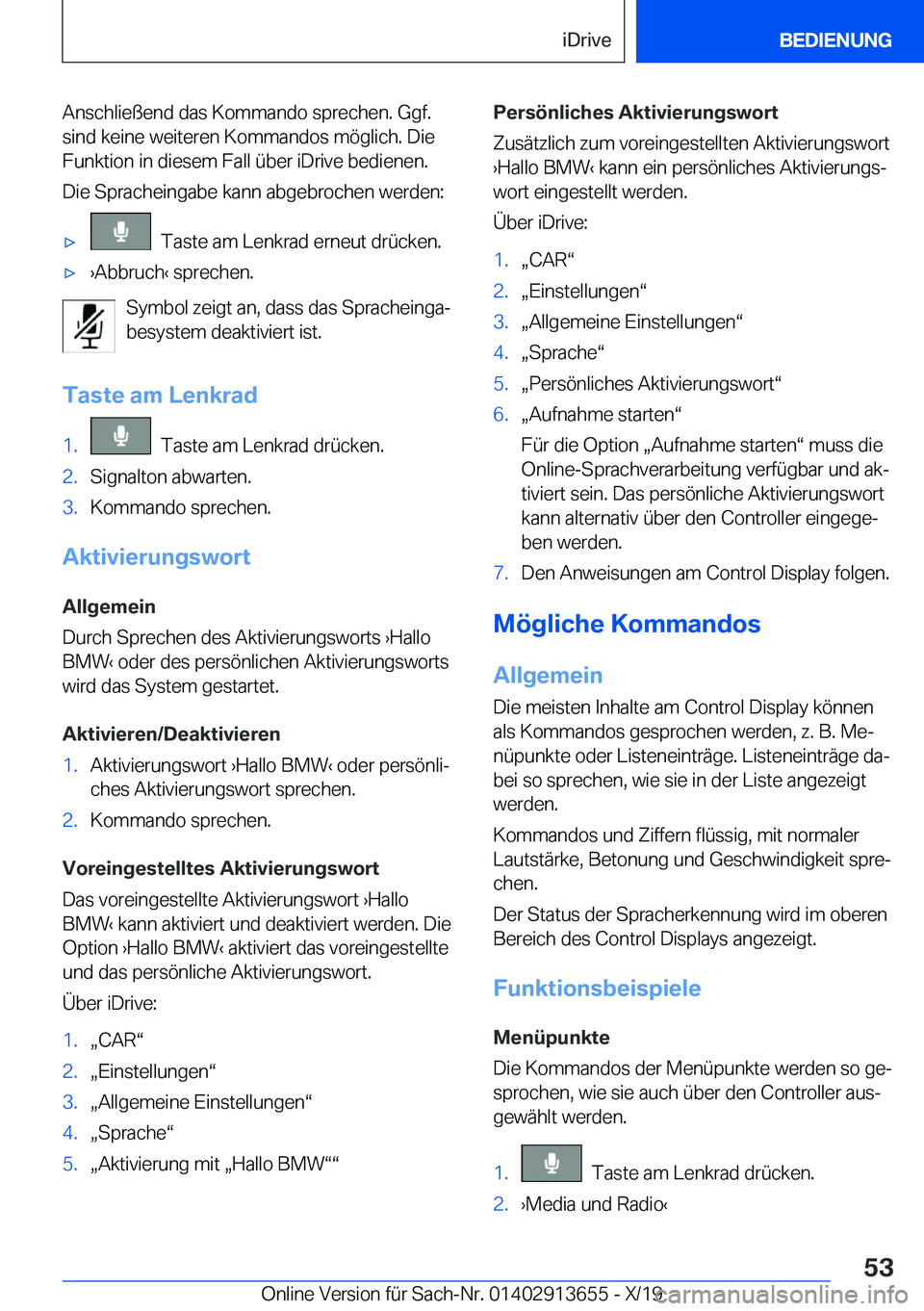 BMW X5 2020  Betriebsanleitungen (in German) �A�n�s�c�h�l�i�e�