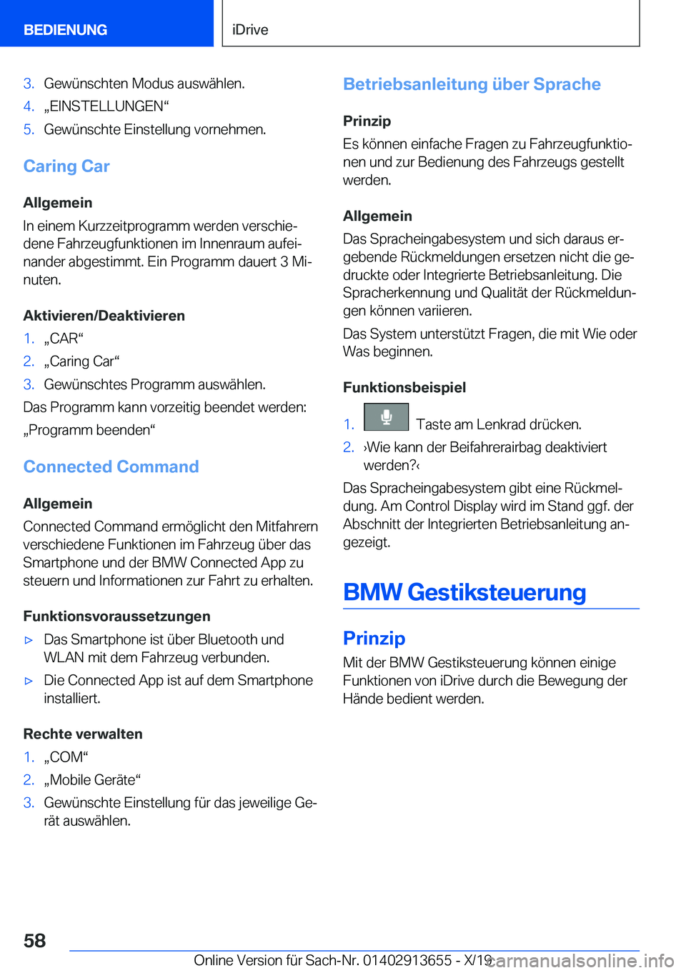 BMW X5 2020  Betriebsanleitungen (in German) �3�.�G�e�w�