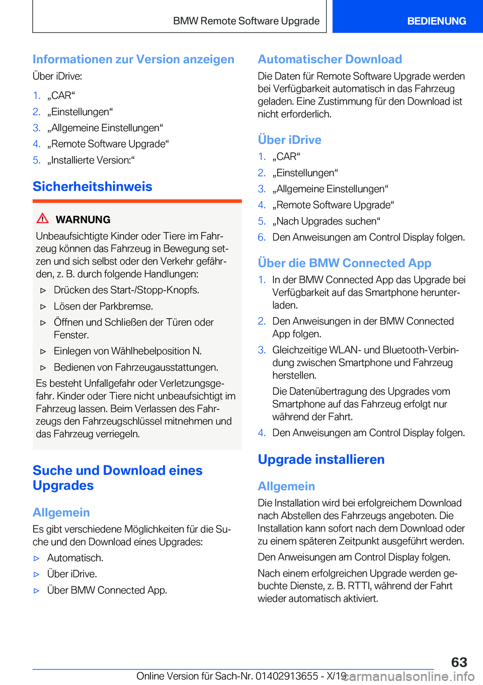 BMW X5 2020  Betriebsanleitungen (in German) �I�n�f�o�r�m�a�t�i�o�n�e�n��z�u�r��V�e�r�s�i�o�n��a�n�z�e�i�g�e�n
�