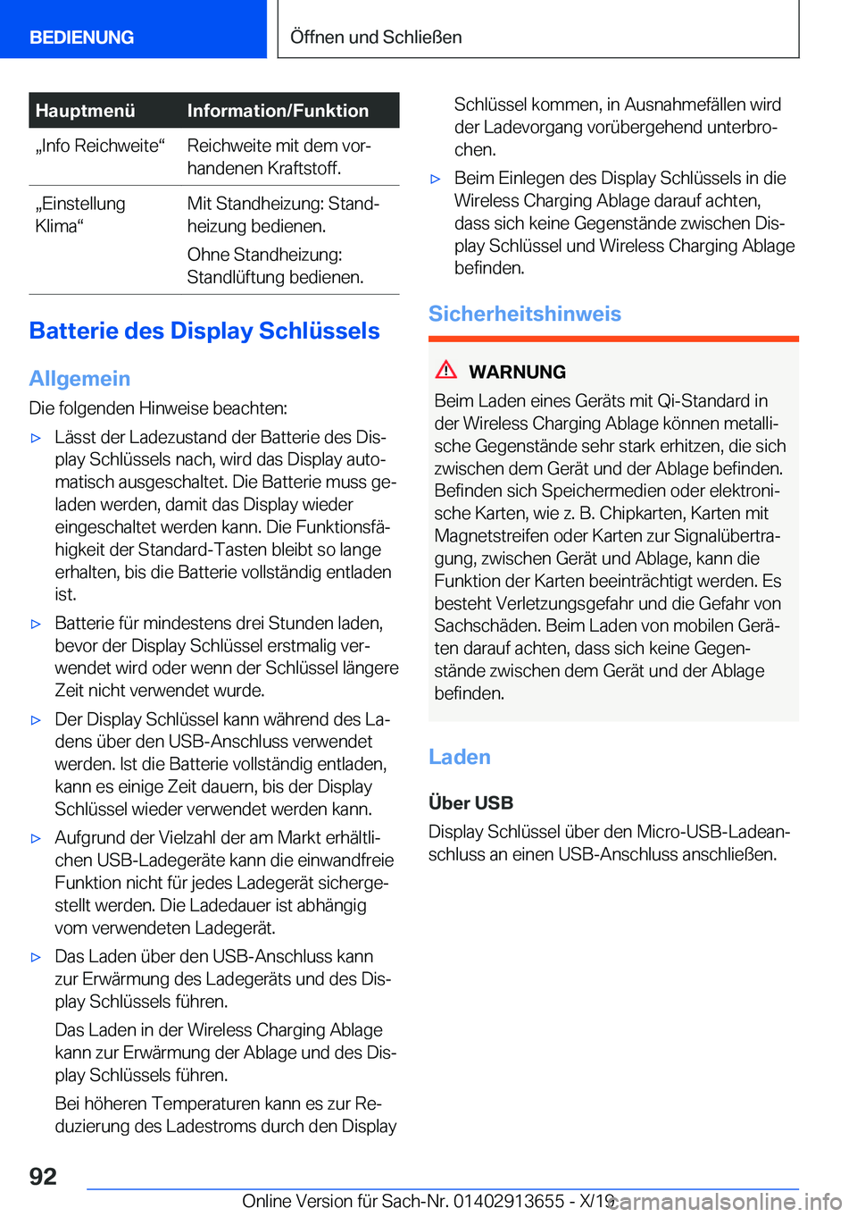 BMW X5 2020  Betriebsanleitungen (in German) �H�a�u�p�t�m�e�n�