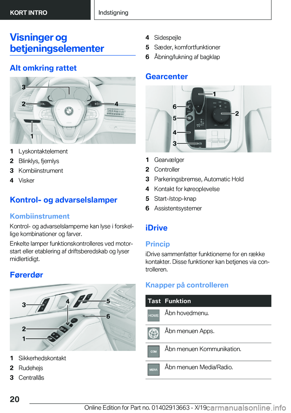 BMW X5 2020  InstruktionsbØger (in Danish) �V�i�s�n�i�n�g�e�r��o�g
�b�e�t�j�e�n�i�n�g�s�e�l�e�m�e�n�t�e�r
�A�l�t��o�m�k�r�i�n�g��r�a�t�t�e�t
�1�L�y�s�k�o�n�t�a�k�t�e�l�e�m�e�n�t�2�B�l�i�n�k�l�y�s�,��f�j�e�r�n�l�y�s�3�K�o�m�b�i�i�n�s�t�r�u�