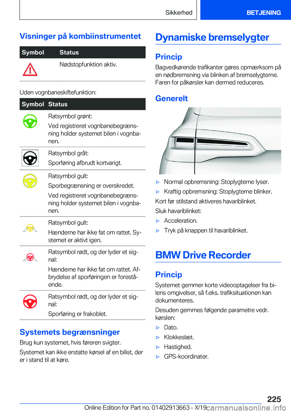 BMW X5 2020  InstruktionsbØger (in Danish) �V�i�s�n�i�n�g�e�r��p�å��k�o�m�b�i�i�n�s�t�r�u�m�e�n�t�e�t�S�y�m�b�o�l�S�t�a�t�u�s�N�