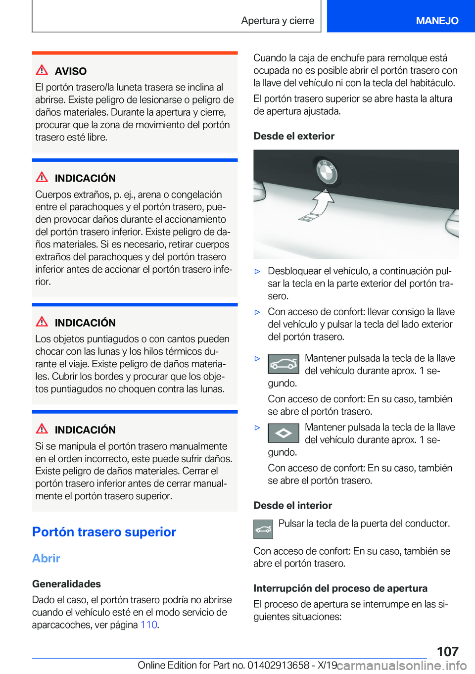 BMW X5 2020  Manuales de Empleo (in Spanish) �A�V�I�S�O
�E�l��p�o�r�t�