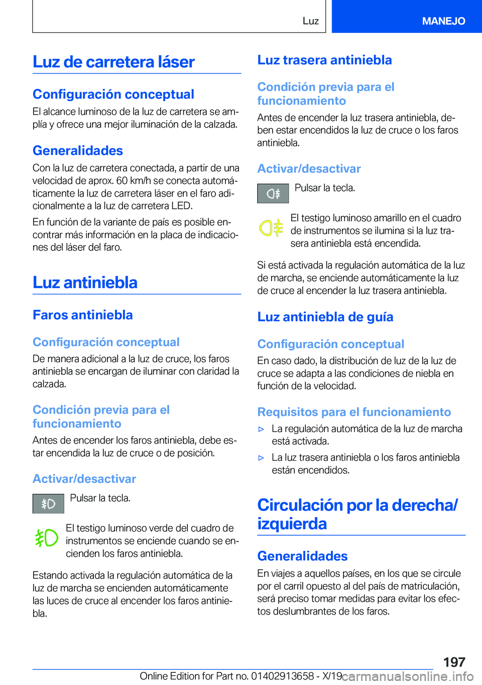BMW X5 2020  Manuales de Empleo (in Spanish) �L�u�z��d�e��c�a�r�r�e�t�e�r�a��l�