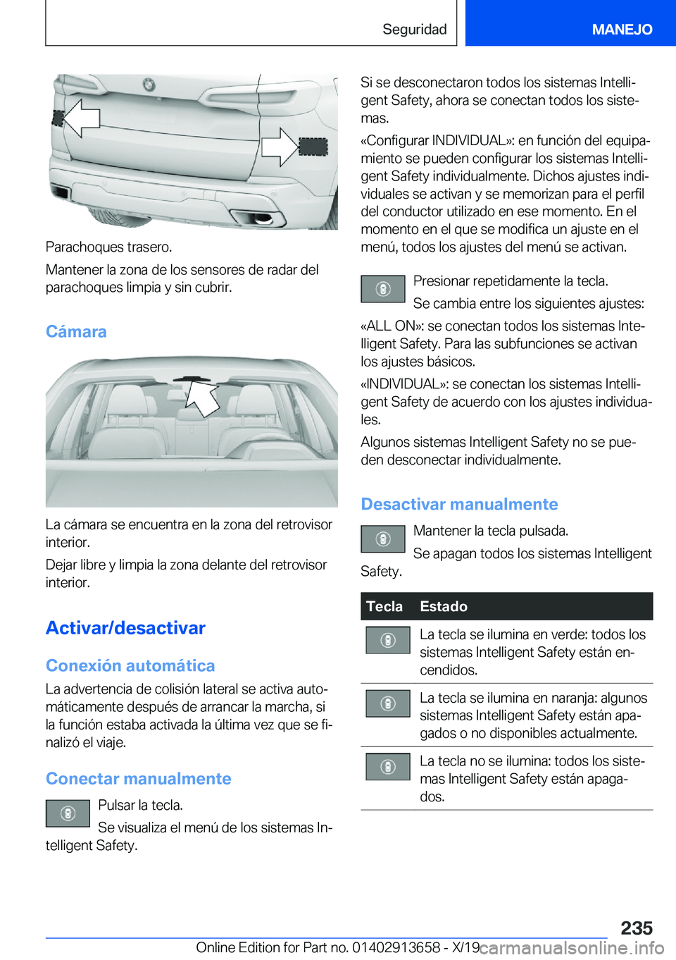 BMW X5 2020  Manuales de Empleo (in Spanish) �P�a�r�a�c�h�o�q�u�e�s��t�r�a�s�e�r�o�.
�M�a�n�t�e�n�e�r��l�a��z�o�n�a��d�e��l�o�s��s�e�n�s�o�r�e�s��d�e��r�a�d�a�r��d�e�l
�p�a�r�a�c�h�o�q�u�e�s��l�i�m�p�i�a��y��s�i�n��c�u�b�r�i�r�.
�C�