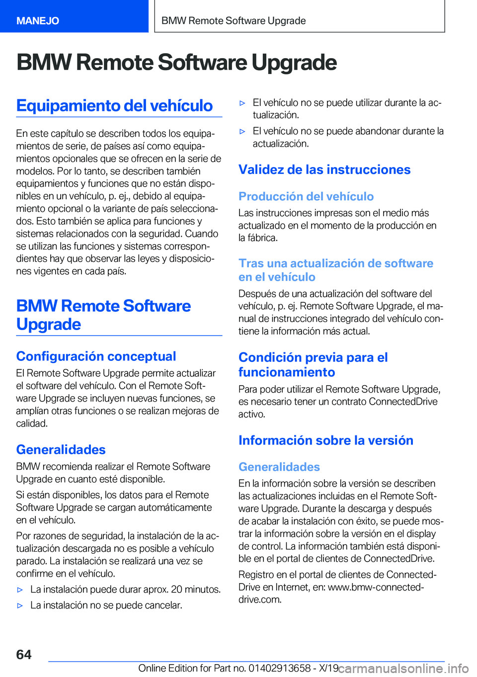 BMW X5 2020  Manuales de Empleo (in Spanish) �B�M�W��R�e�m�o�t�e��S�o�f�t�w�a�r�e��U�p�g�r�a�d�e�E�q�u�i�p�a�m�i�e�n�t�o��d�e�l��v�e�h�