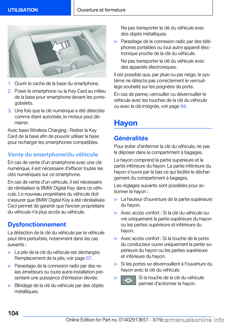 BMW X5 2020  Notices Demploi (in French) �1�.�O�u�v�r�i�r��l�e��c�a�c�h�e��d�e��l�a��b�a�s�e��d�u��s�m�a�r�t�p�h�o�n�e�.�2�.�P�o�s�e�r��l�e��s�m�a�r�t�p�h�o�n�e��o�u��l�a��K�e�y��C�a�r�d��a�u��m�i�l�i�e�u�d�e��l�a��b�a�s�e�