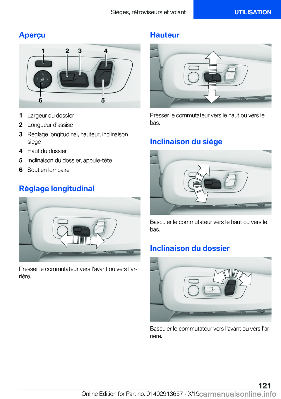 BMW X5 2020  Notices Demploi (in French) �A�p�e�r�ç�u�1�L�a�r�g�e�u�r��d�u��d�o�s�s�i�e�r�2�L�o�n�g�u�e�u�r��d�'�a�s�s�i�s�e�3�R�é�g�l�a�g�e��l�o�n�g�i�t�u�d�i�n�a�l�,��h�a�u�t�e�u�r�,��i�n�c�l�i�n�a�i�s�o�n
�s�i�è�g�e�4�H�a�u�t