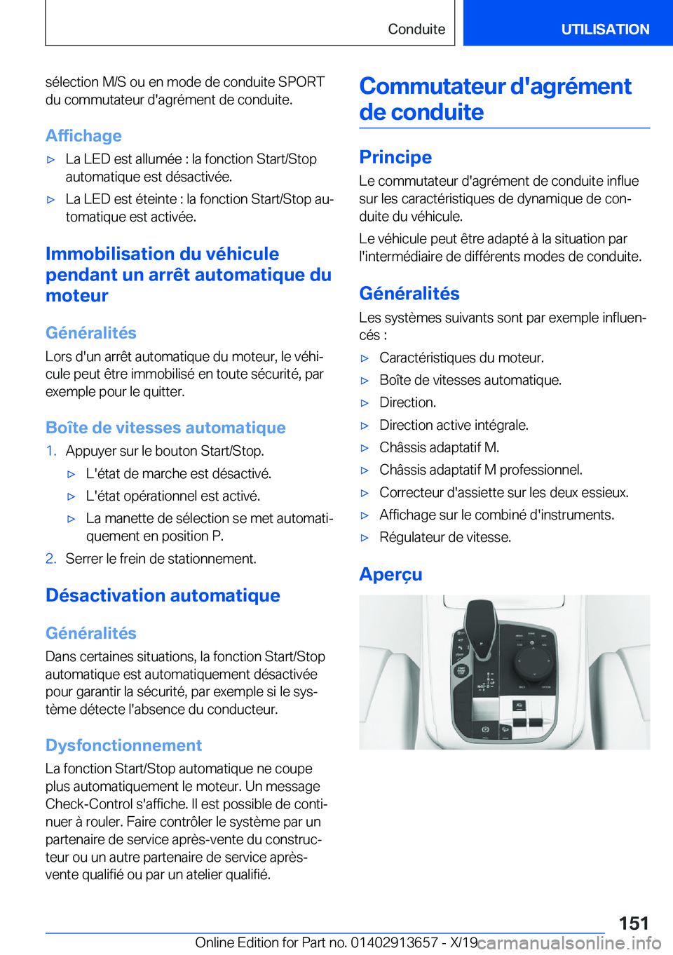 BMW X5 2020  Notices Demploi (in French) �s�é�l�e�c�t�i�o�n��M�/�S��o�u��e�n��m�o�d�e��d�e��c�o�n�d�u�i�t�e��S�P�O�R�T�d�u��c�o�m�m�u�t�a�t�e�u�r��d�'�a�g�r�é�m�e�n�t��d�e��c�o�n�d�u�i�t�e�.
�A�f�f�i�c�h�a�g�e'x�L�a��L�
