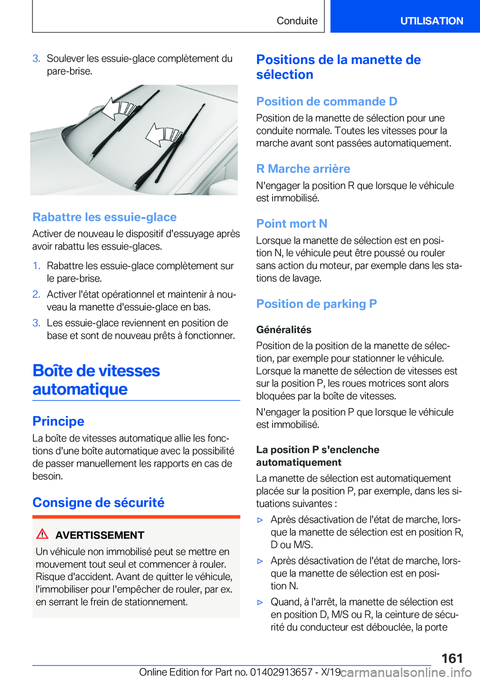 BMW X5 2020  Notices Demploi (in French) �3�.�S�o�u�l�e�v�e�r��l�e�s��e�s�s�u�i�e�-�g�l�a�c�e��c�o�m�p�l�è�t�e�m�e�n�t��d�u
�p�a�r�e�-�b�r�i�s�e�.
�R�a�b�a�t�t�r�e��l�e�s��e�s�s�u�i�e�-�g�l�a�c�e
�A�c�t�i�v�e�r��d�e��n�o�u�v�e�a�u�