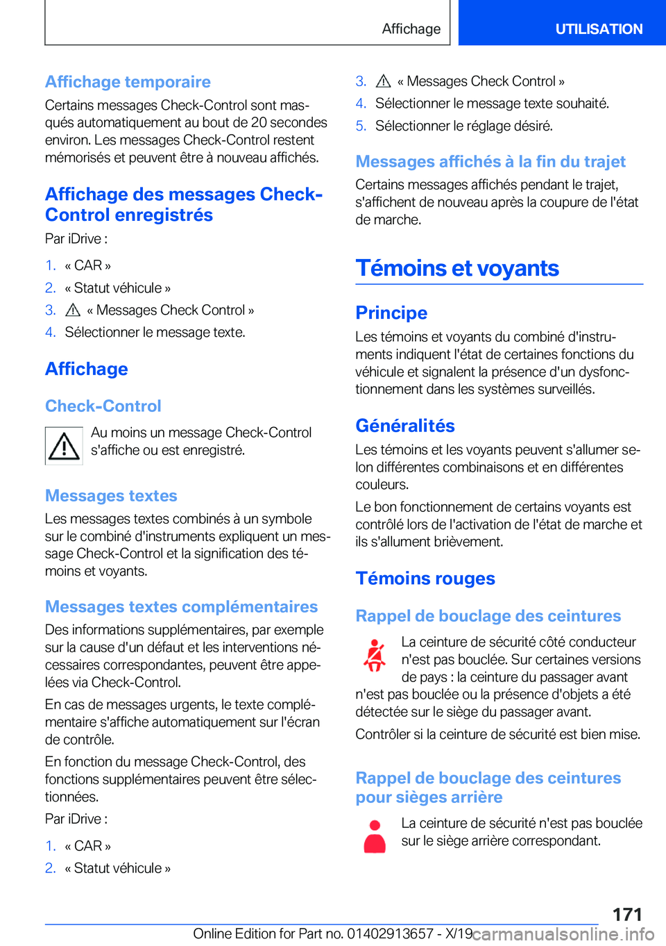 BMW X5 2020  Notices Demploi (in French) �A�f�f�i�c�h�a�g�e��t�e�m�p�o�r�a�i�r�e
�C�e�r�t�a�i�n�s��m�e�s�s�a�g�e�s��C�h�e�c�k�-�C�o�n�t�r�o�l��s�o�n�t��m�a�sj
�q�u�é�s��a�u�t�o�m�a�t�i�q�u�e�m�e�n�t��a�u��b�o�u�t��d�e��2�0��s�e�