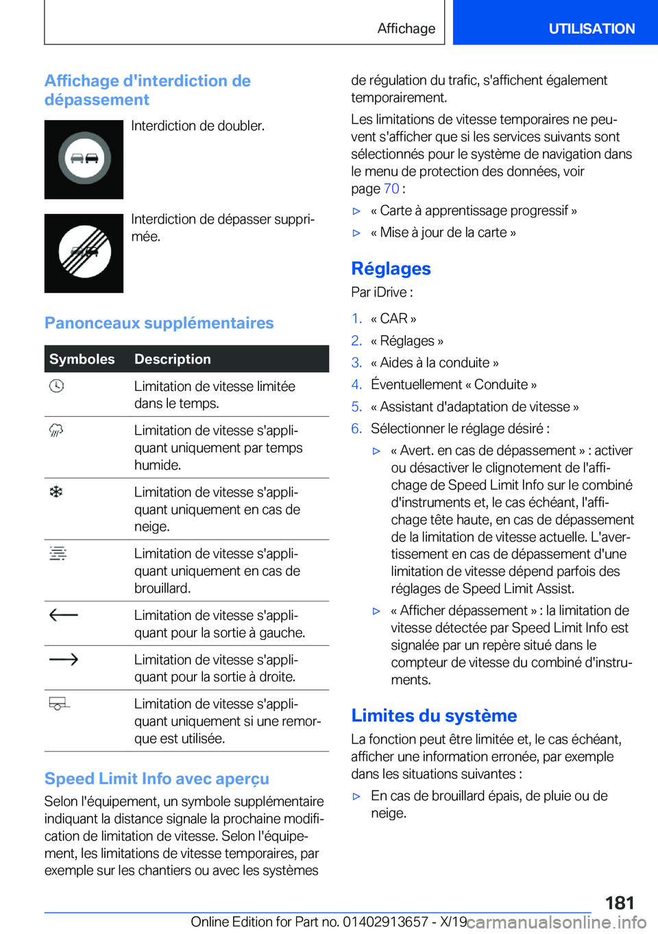 BMW X5 2020  Notices Demploi (in French) �A�f�f�i�c�h�a�g�e��d�'�i�n�t�e�r�d�i�c�t�i�o�n��d�e
�d�é�p�a�s�s�e�m�e�n�t
�I�n�t�e�r�d�i�c�t�i�o�n��d�e��d�o�u�b�l�e�r�.
�I�n�t�e�r�d�i�c�t�i�o�n��d�e��d�é�p�a�s�s�e�r��s�u�p�p�r�ij
�m