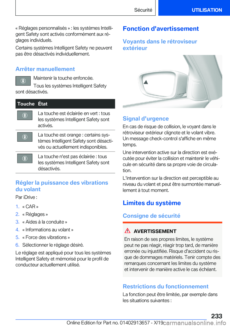 BMW X5 2020  Notices Demploi (in French) �k��R�é�g�l�a�g�e�s��p�e�r�s�o�n�n�a�l�i�s�é�s��{��:��l�e�s��s�y�s�t�è�m�e�s��I�n�t�e�l�l�ij
�g�e�n�t��S�a�f�e�t�y��s�o�n�t��a�c�t�i�v�é�s��c�o�n�f�o�r�m�é�m�e�n�t��a�u�x��r�éj
�g
