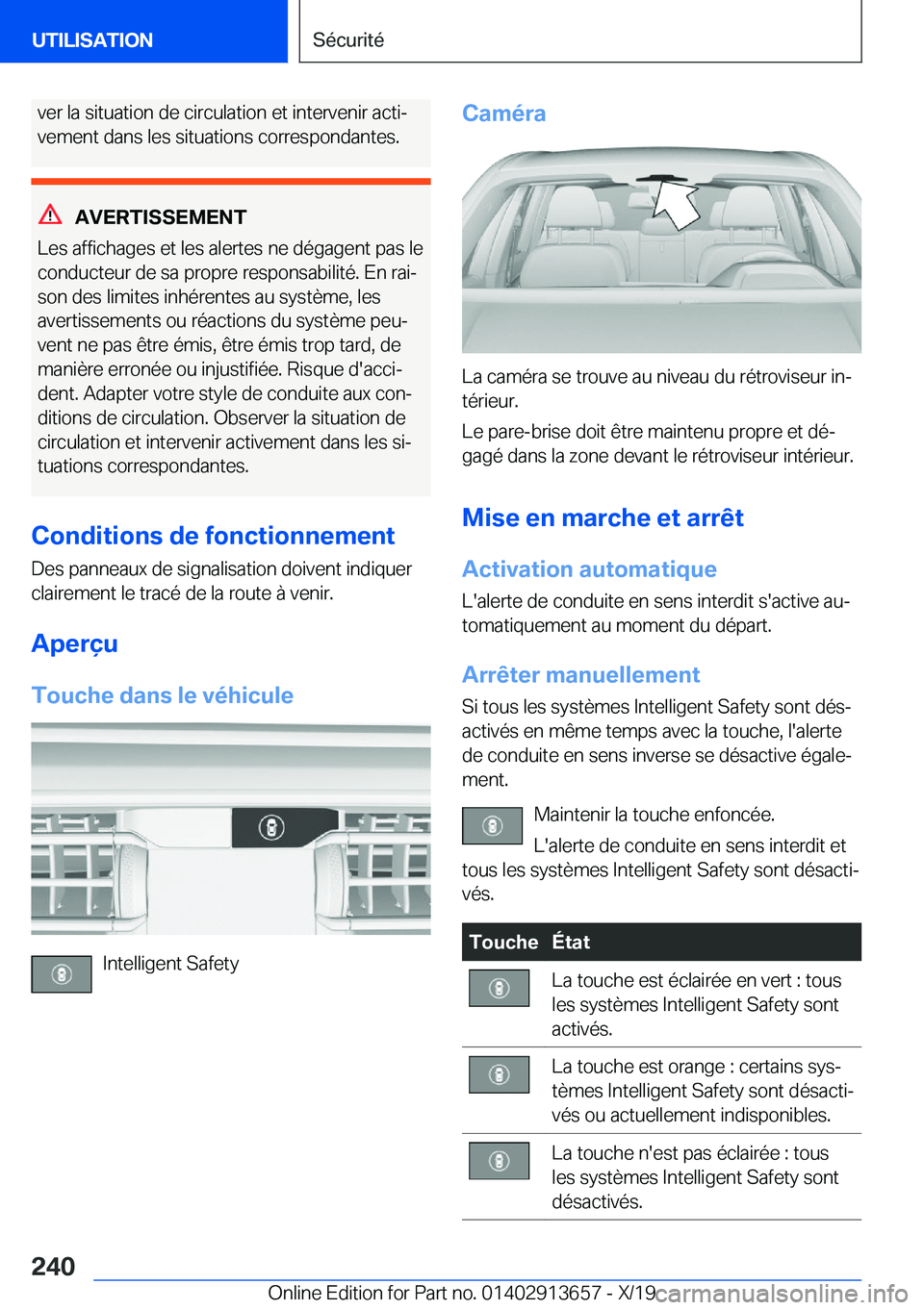 BMW X5 2020  Notices Demploi (in French) �v�e�r��l�a��s�i�t�u�a�t�i�o�n��d�e��c�i�r�c�u�l�a�t�i�o�n��e�t��i�n�t�e�r�v�e�n�i�r��a�c�t�ij
�v�e�m�e�n�t��d�a�n�s��l�e�s��s�i�t�u�a�t�i�o�n�s��c�o�r�r�e�s�p�o�n�d�a�n�t�e�s�.
�A�V�E�R�T
