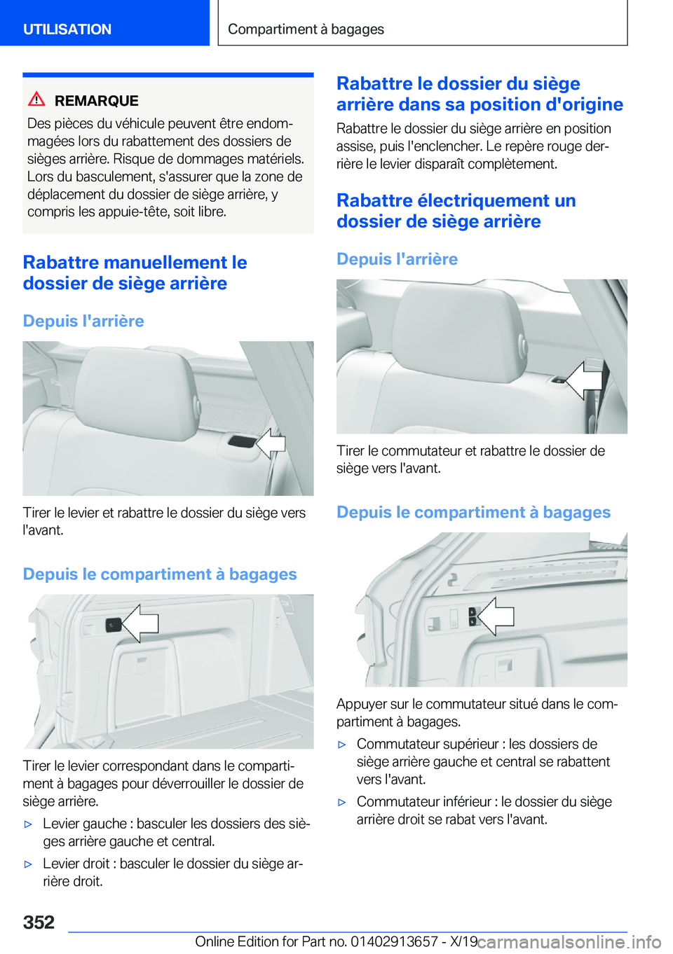 BMW X5 2020  Notices Demploi (in French) �R�E�M�A�R�Q�U�E
�D�e�s��p�i�è�c�e�s��d�u��v�é�h�i�c�u�l�e��p�e�u�v�e�n�t��ê�t�r�e��e�n�d�o�mj
�m�a�g�é�e�s��l�o�r�s��d�u��r�a�b�a�t�t�e�m�e�n�t��d�e�s��d�o�s�s�i�e�r�s��d�e
�s�i�è�g