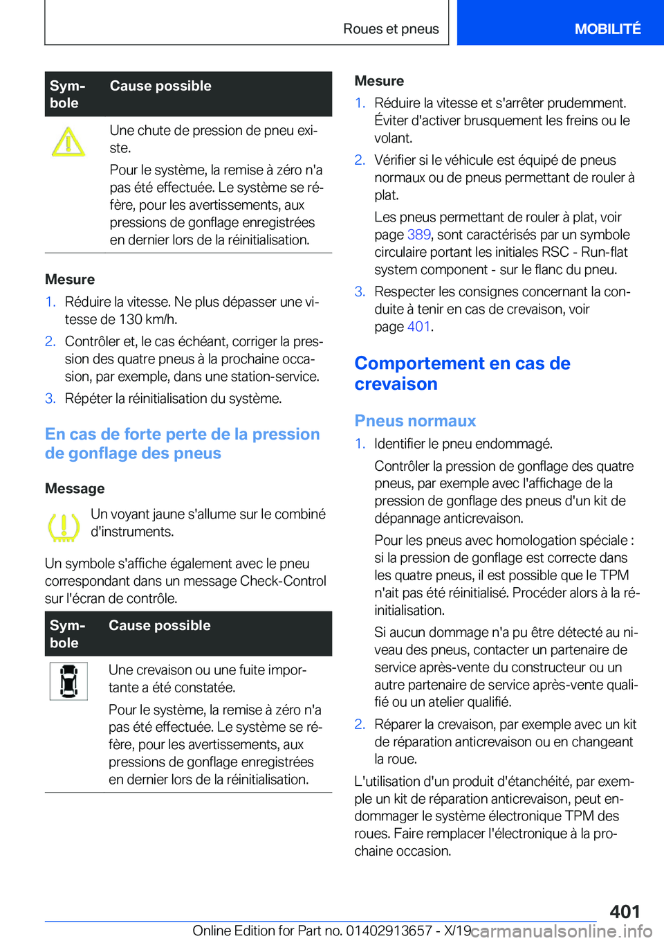 BMW X5 2020  Notices Demploi (in French) �S�y�mj
�b�o�l�e�C�a�u�s�e��p�o�s�s�i�b�l�e�U�n�e��c�h�u�t�e��d�e��p�r�e�s�s�i�o�n��d�e��p�n�e�u��e�x�ij
�s�t�e�.
�P�o�u�r��l�e��s�y�s�t�è�m�e�,��l�a��r�e�m�i�s�e��