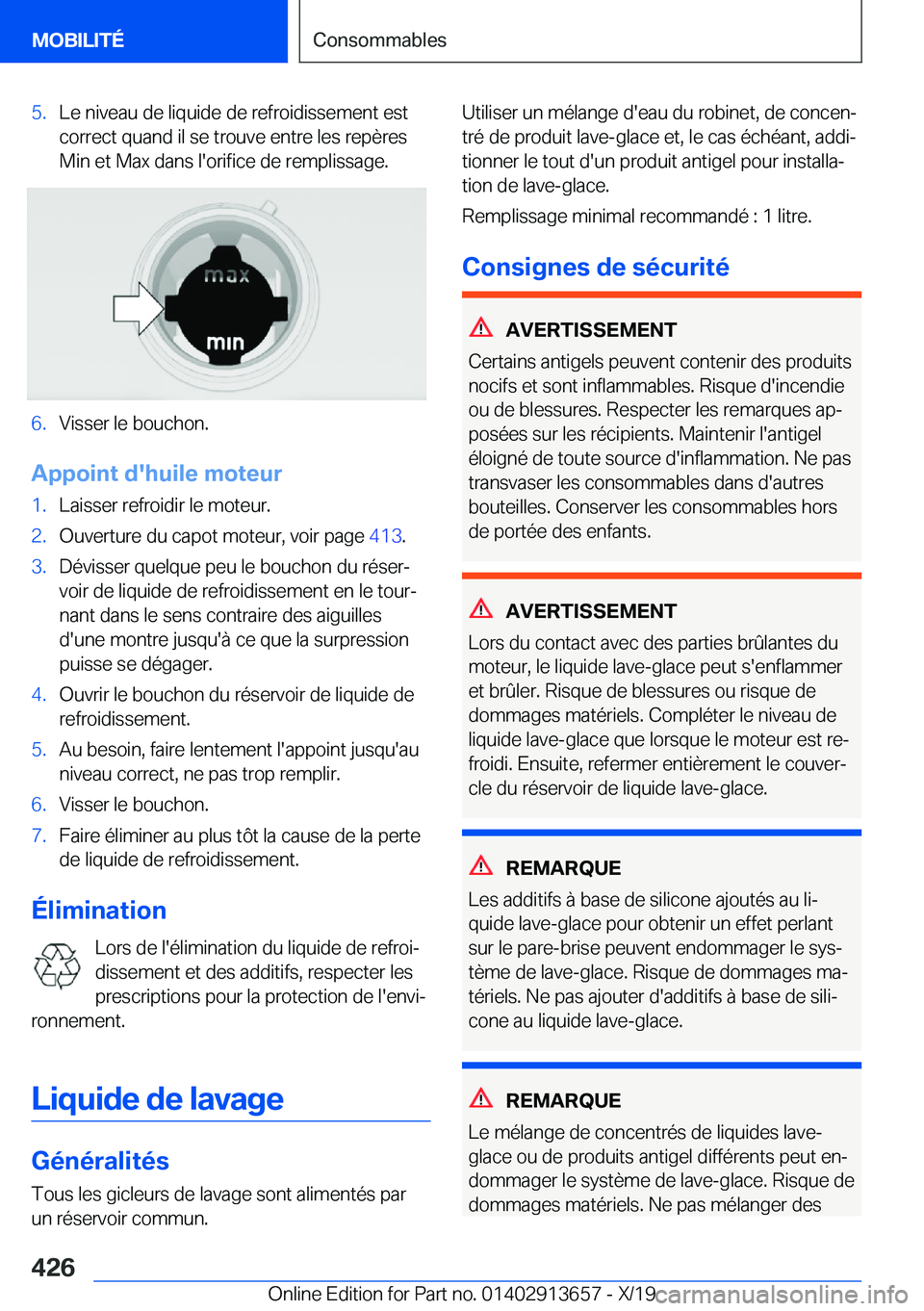 BMW X5 2020  Notices Demploi (in French) �5�.�L�e��n�i�v�e�a�u��d�e��l�i�q�u�i�d�e��d�e��r�e�f�r�o�i�d�i�s�s�e�m�e�n�t��e�s�t�c�o�r�r�e�c�t��q�u�a�n�d��i�l��s�e��t�r�o�u�v�e��e�n�t�r�e��l�e�s��r�e�p�è�r�e�s�M�i�n��e�t��M�a�x�