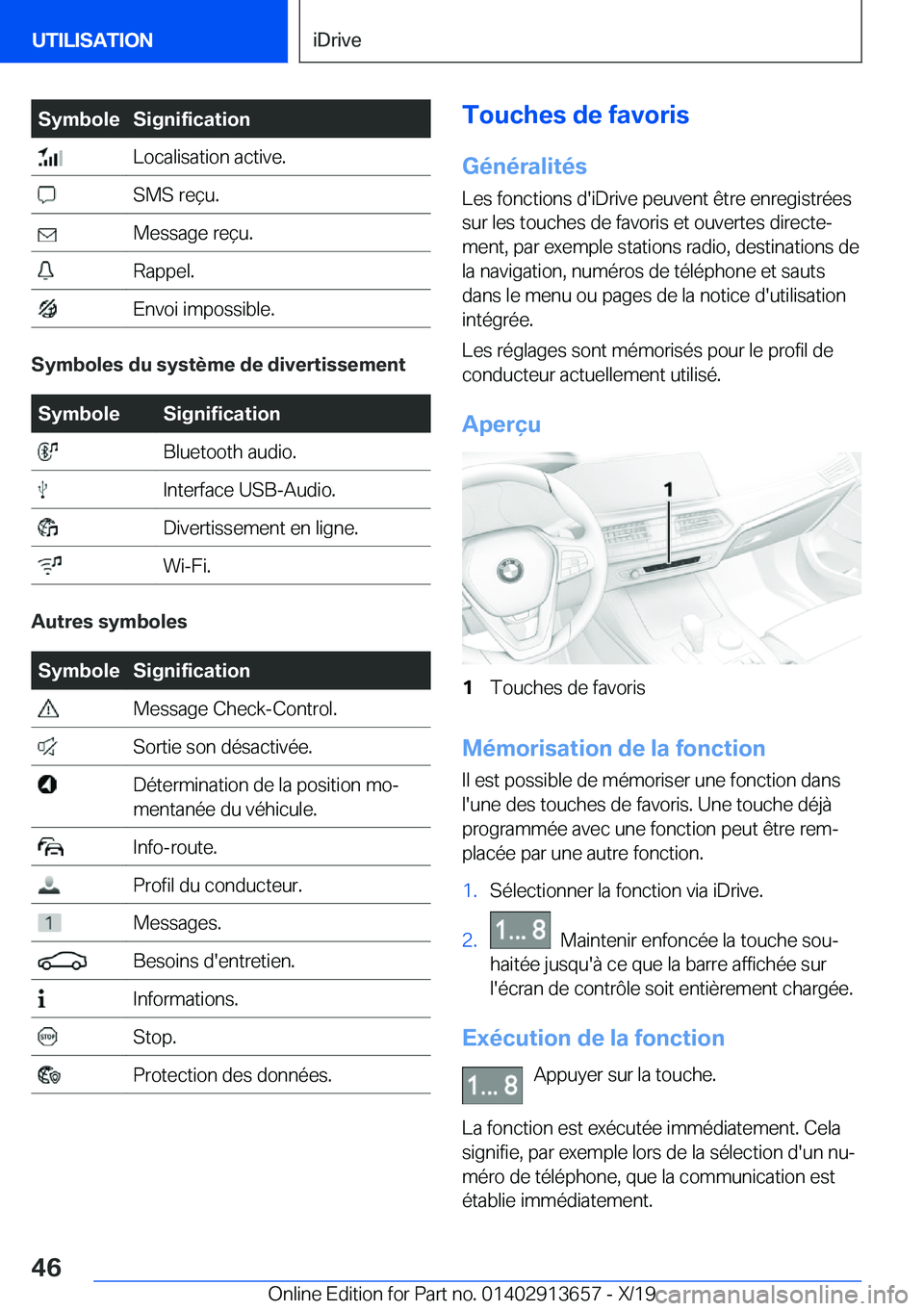 BMW X5 2020  Notices Demploi (in French) �S�y�m�b�o�l�e�S�i�g�n�i�f�i�c�a�t�i�o�n��L�o�c�a�l�i�s�a�t�i�o�n��a�c�t�i�v�e�.��S�M�S��r�e�ç�u�.��M�e�s�s�a�g�e��r�e�ç�u�.��R�a�p�p�e�l�.��E�n�v�o�i��i�m�p�o�s�s�i�b�l�e�.
�S�y�m�b�o�l�e�