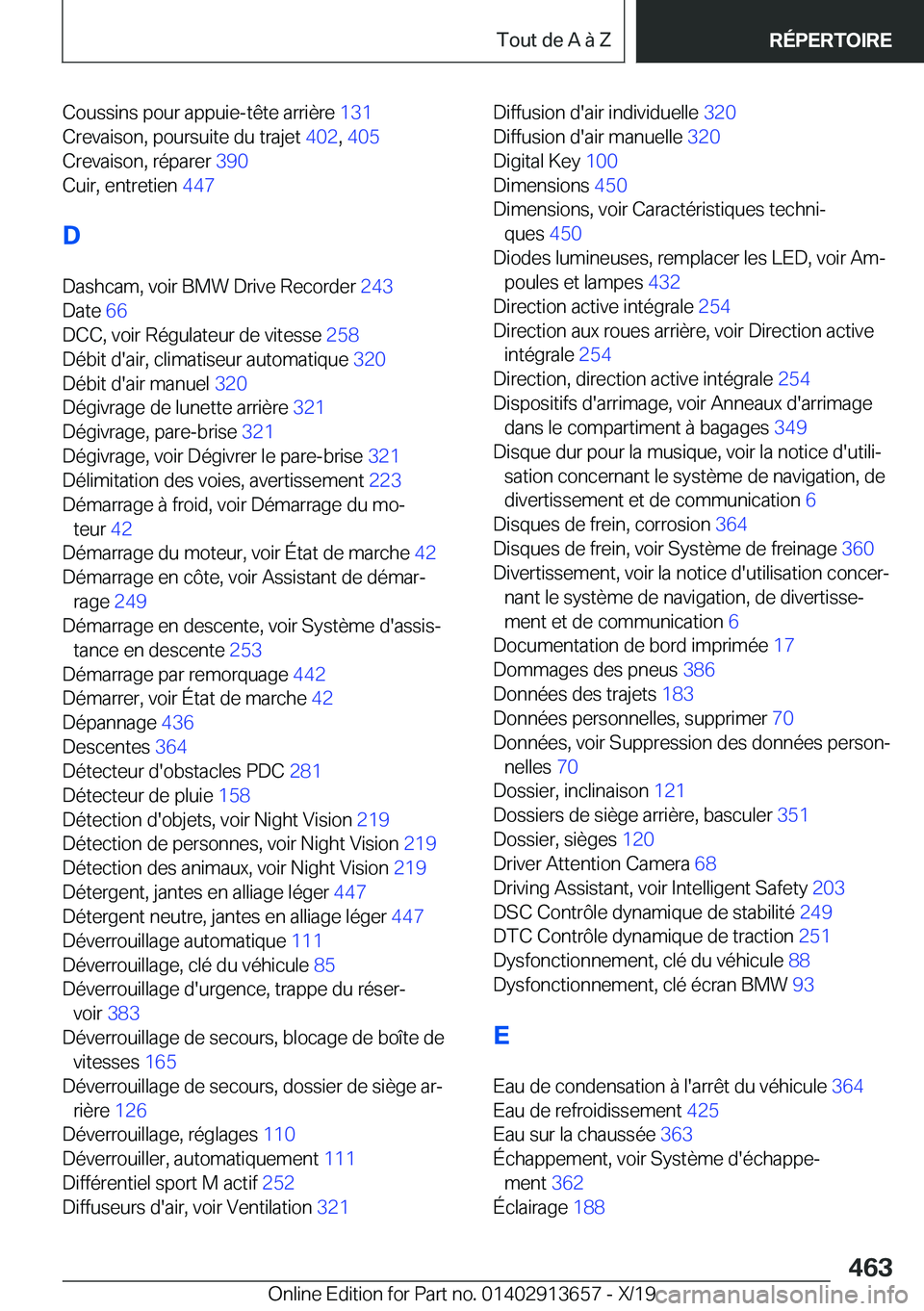 BMW X5 2020  Notices Demploi (in French) �C�o�u�s�s�i�n�s��p�o�u�r��a�p�p�u�i�e�-�t�ê�t�e��a�r�r�i�è�r�e��1�3�1�
�C�r�e�v�a�i�s�o�n�,��p�o�u�r�s�u�i�t�e��d�u��t�r�a�j�e�t� �4�0�2�,��4�0�5 �
�C�r�e�v�a�i�s�o�n�,��r�é�p�a�r�e�r�