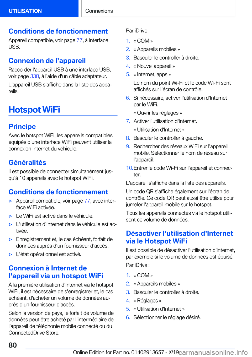 BMW X5 2020  Notices Demploi (in French) �C�o�n�d�i�t�i�o�n�s��d�e��f�o�n�c�t�i�o�n�n�e�m�e�n�t
�A�p�p�a�r�e�i�l��c�o�m�p�a�t�i�b�l�e�,��v�o�i�r��p�a�g�e� �7�7�,��
