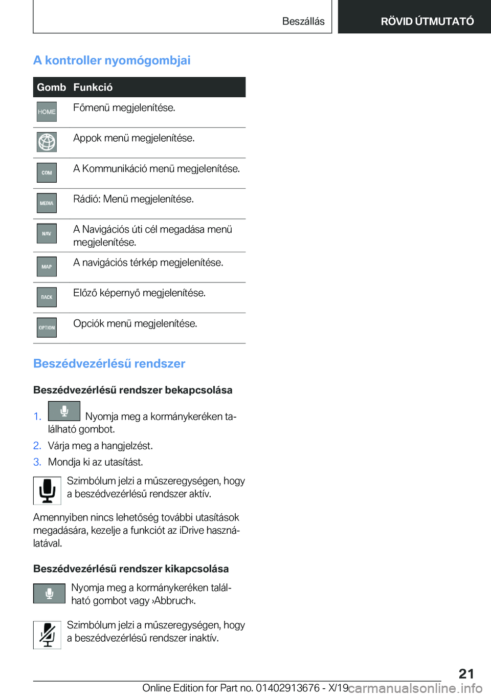 BMW X5 2020  Kezelési útmutató (in Hungarian) �A��k�o�n�t�r�o�l�l�e�r��n�y�o�m�