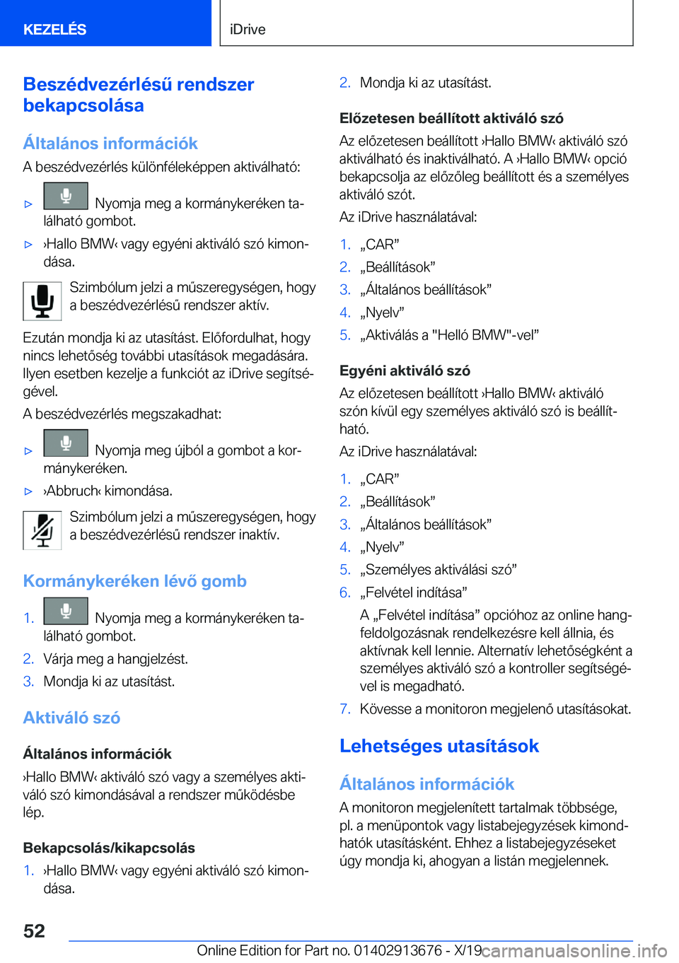 BMW X5 2020  Kezelési útmutató (in Hungarian) �B�e�s�z�