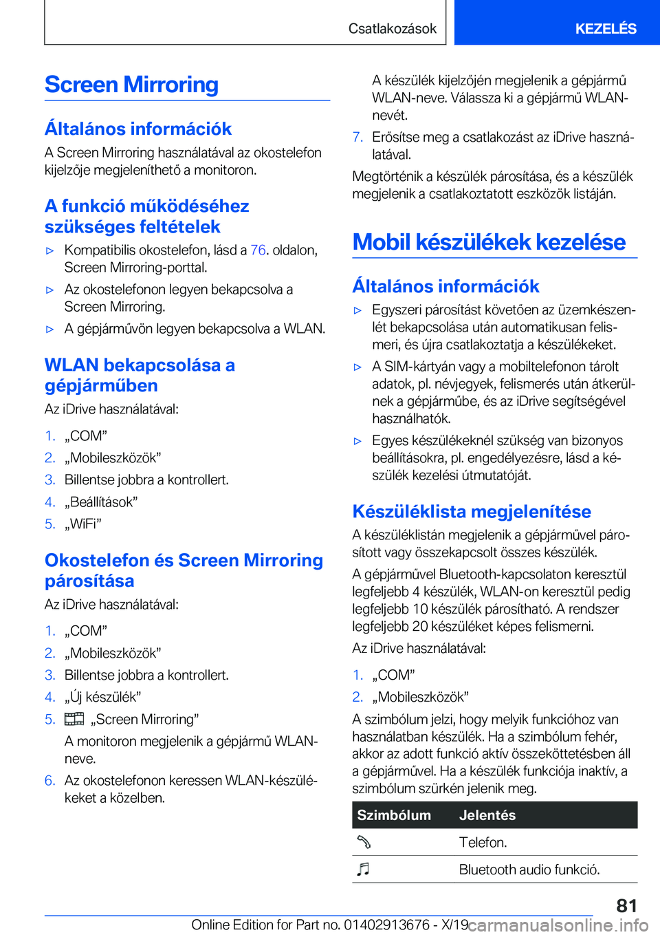 BMW X5 2020  Kezelési útmutató (in Hungarian) �S�c�r�e�e�n��M�i�r�r�o�r�i�n�g
�