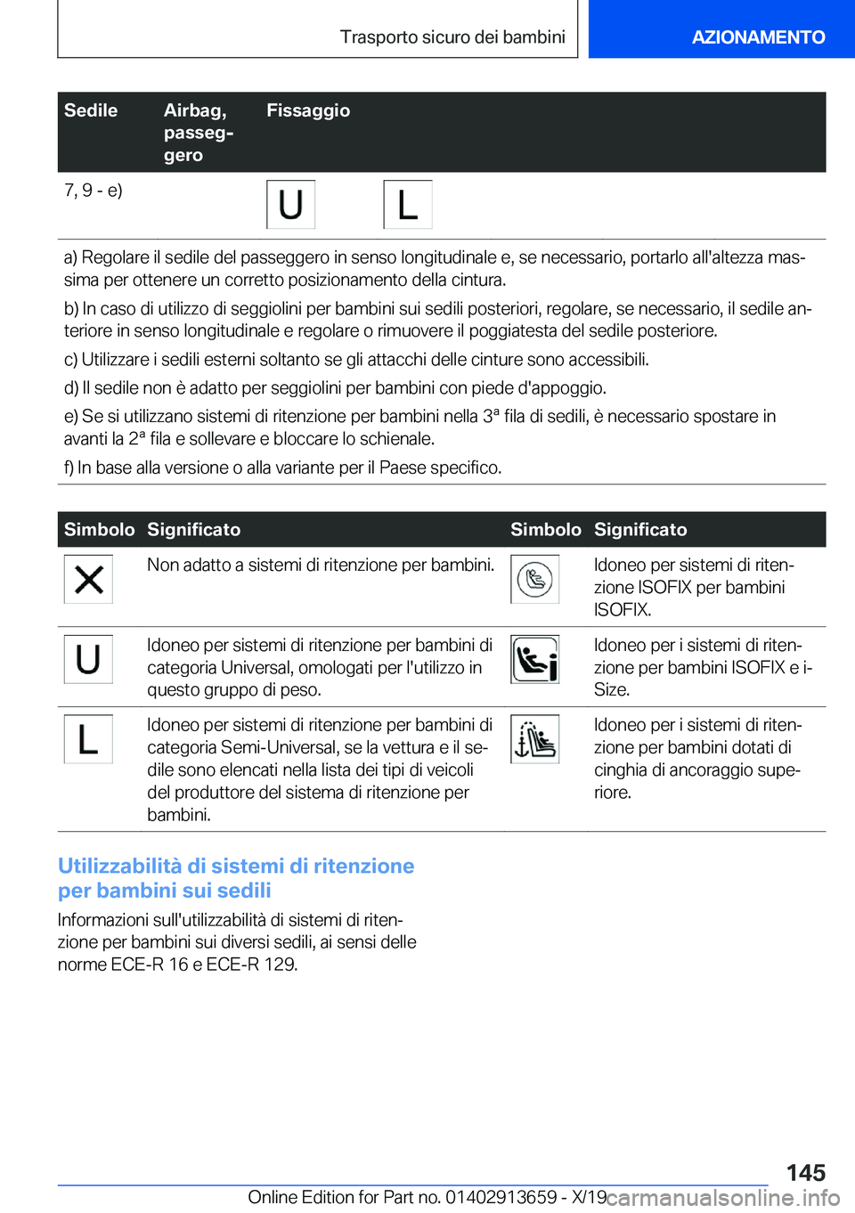 BMW X5 2020  Libretti Di Uso E manutenzione (in Italian) �S�e�d�i�l�e�A�i�r�b�a�g�,
�p�a�s�s�e�gj
�g�e�r�o�F�i�s�s�a�g�g�i�o�7�,��9��-��e�)�a�)��R�e�g�o�l�a�r�e��i�l��s�e�d�i�l�e��d�e�l��p�a�s�s�e�g�g�e�r�o��i�n��s�e�n�s�o��l�o�n�g�i�t�u�d�i�n�a