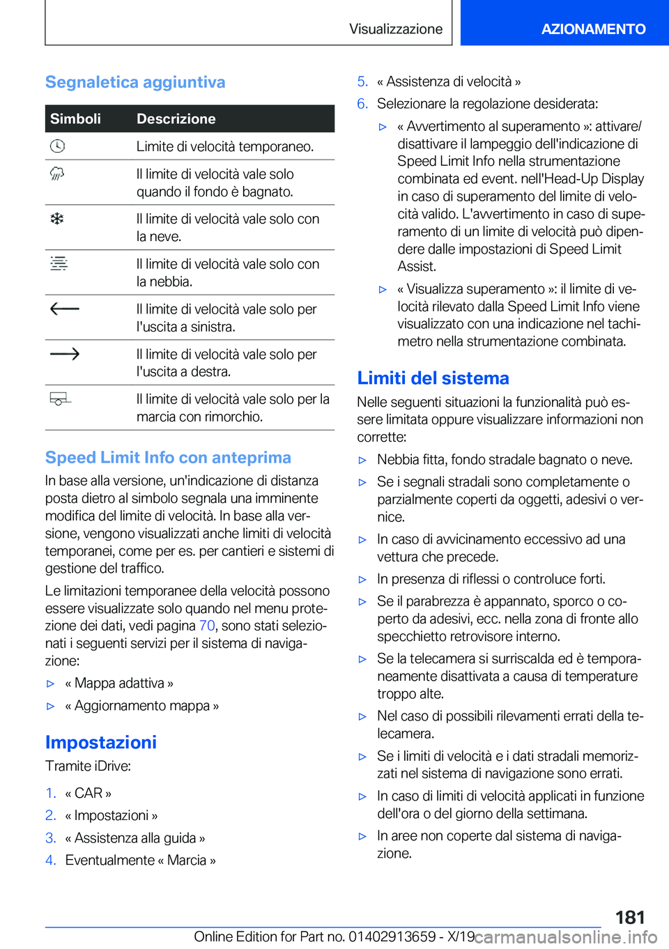 BMW X5 2020  Libretti Di Uso E manutenzione (in Italian) �S�e�g�n�a�l�e�t�i�c�a��a�g�g�i�u�n�t�i�v�a�S�i�m�b�o�l�i�D�e�s�c�r�i�z�i�o�n�e��L�i�m�i�t�e��d�i��v�e�l�o�c�i�t�