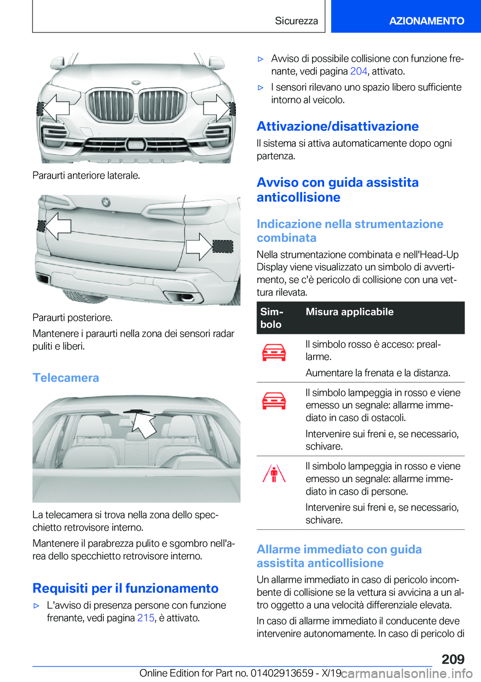 BMW X5 2020  Libretti Di Uso E manutenzione (in Italian) �P�a�r�a�u�r�t�i��a�n�t�e�r�i�o�r�e��l�a�t�e�r�a�l�e�.
�P�a�r�a�u�r�t�i��p�o�s�t�e�r�i�o�r�e�.
�M�a�n�t�e�n�e�r�e��i��p�a�r�a�u�r�t�i��n�e�l�l�a��z�o�n�a��d�e�i��s�e�n�s�o�r�i��r�a�d�a�r �p�